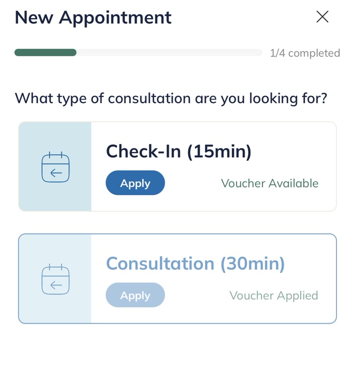 Appointment booking screen with check-in and consultation options