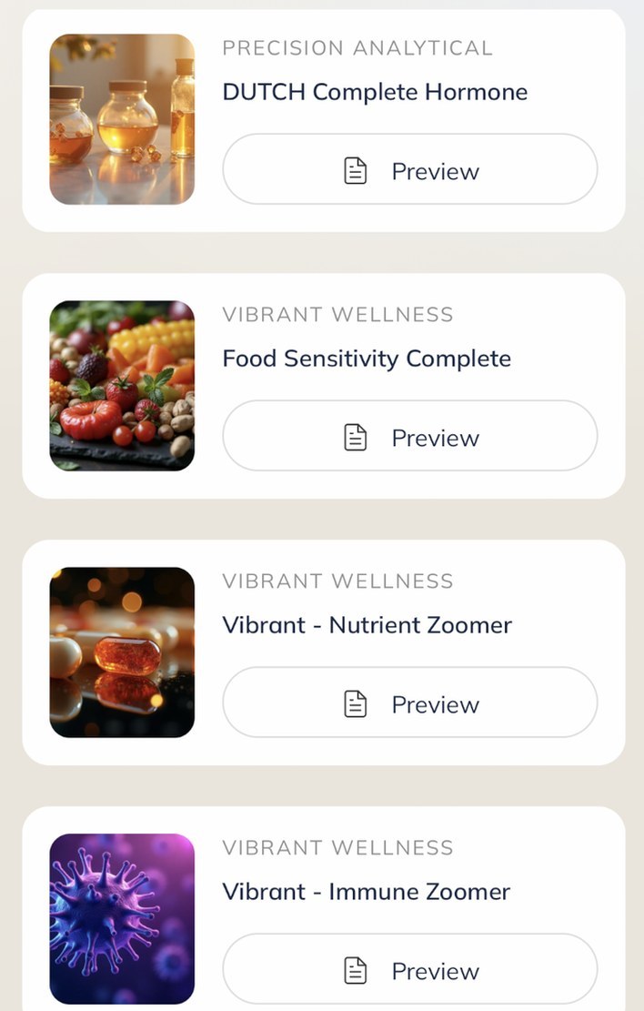 EverSpan app: advanced tests available to order, including DUTCH Complete Hormone, Food Sensitivity Complete, Nutrient Zoomer and Immune Zoomer