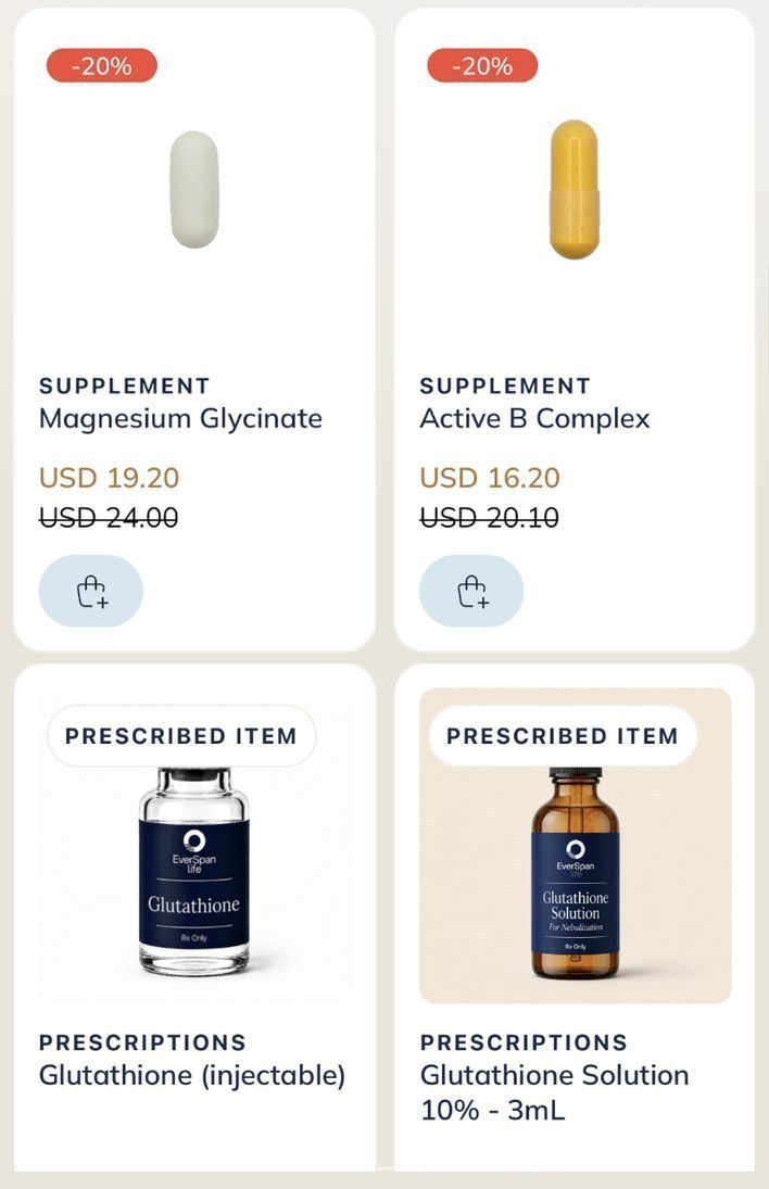 EverSpan Life shop: Magnesium Glycinate and Active B Complex supplements at 20% off, and prescribed items including Glutathione